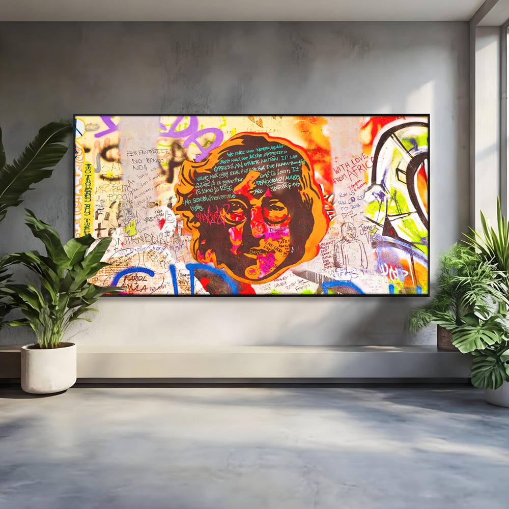 Tablou canvas cu tablou canvas cu john lennon si graffiti, in rama de aluminiu negru